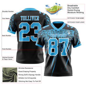 Custom Black Sky Blue-White Authentic Distressed Scratch Brush Stroke Football Jersey