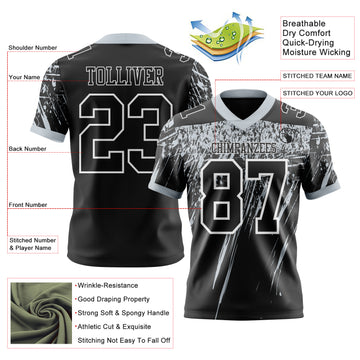 Custom Black Silver-White Authentic Distressed Scratch Brush Stroke Football Jersey