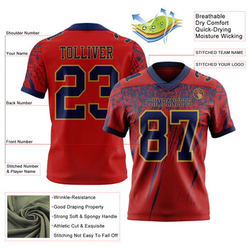 Custom Red Navy-Old Gold Authentic Distressed Scratch Brush Stroke Football Jersey