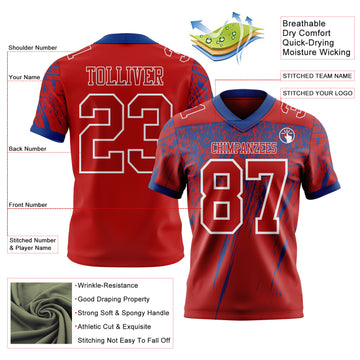 Custom Red Royal-White Authentic Distressed Scratch Brush Stroke Football Jersey
