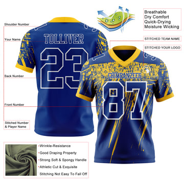 Custom Royal Yellow-White Authentic Distressed Scratch Brush Stroke Football Jersey