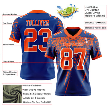 Custom Royal Orange-White Authentic Distressed Scratch Brush Stroke Football Jersey