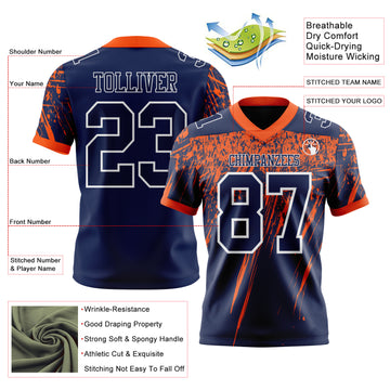 Custom Navy Orange-White Authentic Distressed Scratch Brush Stroke Football Jersey