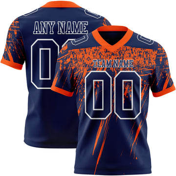 Custom Navy Orange-White Authentic Distressed Scratch Brush Stroke Football Jersey