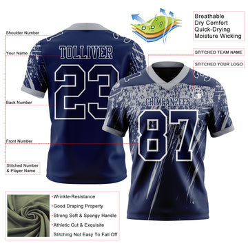 Custom Navy Gray-White Authentic Distressed Scratch Brush Stroke Football Jersey