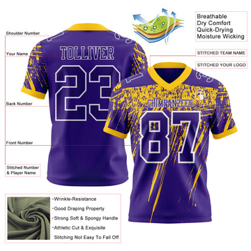 Custom Purple Yellow-White Authentic Distressed Scratch Brush Stroke Football Jersey