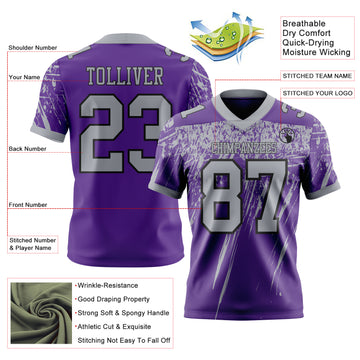Custom Purple Gray-Black Authentic Distressed Scratch Brush Stroke Football Jersey