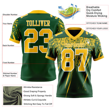 Custom Green Yellow-White Authentic Distressed Scratch Brush Stroke Football Jersey