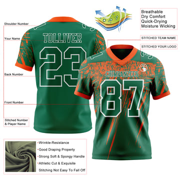 Custom Kelly Green Orange-White Authentic Distressed Scratch Brush Stroke Football Jersey