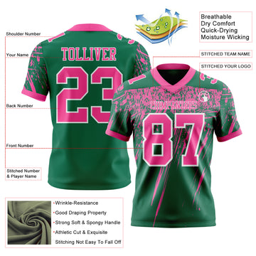 Custom Kelly Green Pink-White Authentic Distressed Scratch Brush Stroke Football Jersey