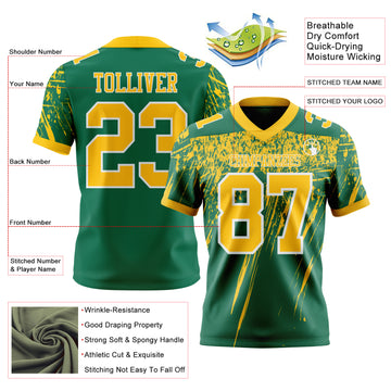 Custom Kelly Green Yellow-White Authentic Distressed Scratch Brush Stroke Football Jersey