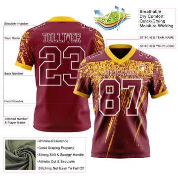 Custom Crimson Yellow-White Authentic Distressed Scratch Brush Stroke Football Jersey
