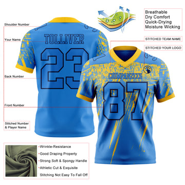 Custom Powder Blue Yellow-Navy Authentic Distressed Scratch Brush Stroke Football Jersey