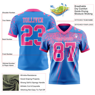 Custom Powder Blue Pink-White Authentic Distressed Scratch Brush Stroke Football Jersey
