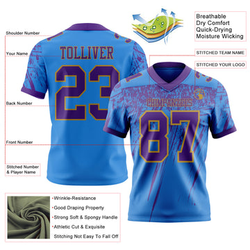 Custom Powder Blue Purple-Old Gold Authentic Distressed Scratch Brush Stroke Football Jersey