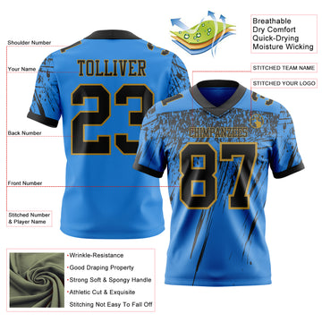 Custom Powder Blue Black-Old Gold Authentic Distressed Scratch Brush Stroke Football Jersey