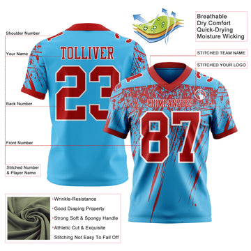 Custom Sky Blue Red-White Authentic Distressed Scratch Brush Stroke Football Jersey