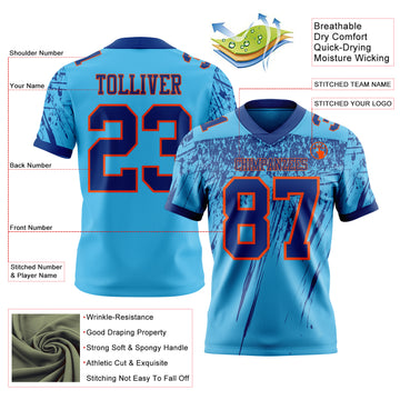 Custom Sky Blue Royal-Orange Authentic Distressed Scratch Brush Stroke Football Jersey