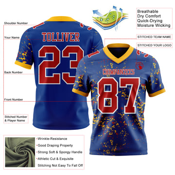 Custom Royal Red Gold-White Authentic Abstract Shattered Paint Splatter Football Jersey