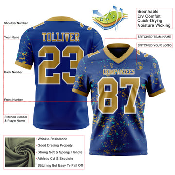 Custom Royal Old Gold Aqua-White Authentic Abstract Shattered Paint Splatter Football Jersey