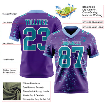 Custom Purple Teal Light Blue-White Authentic Abstract Shattered Paint Splatter Football Jersey