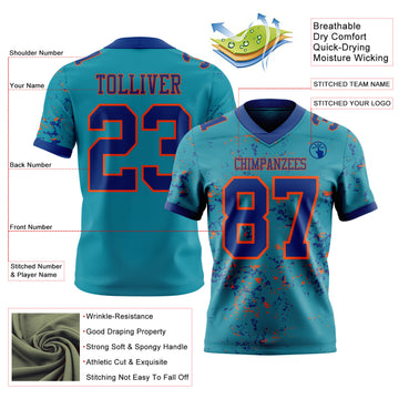 Custom Teal Royal-Orange Authentic Abstract Shattered Paint Splatter Football Jersey