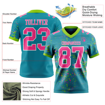 Custom Teal Pink Neon Green-White Authentic Abstract Shattered Paint Splatter Football Jersey