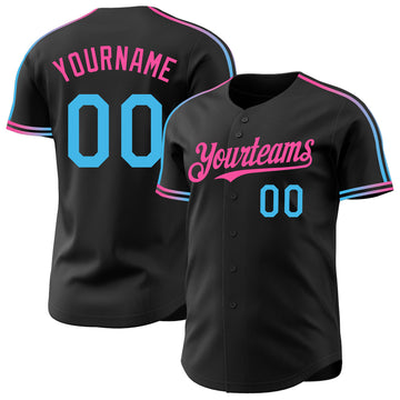 Custom Black Sky Blue-Pink Raglan Line Gradient Stripe Authentic Baseball Jersey
