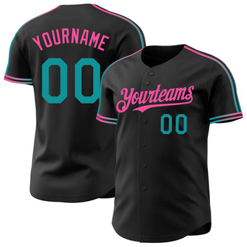 Custom Black Teal-Pink Raglan Line Gradient Stripe Authentic Baseball Jersey