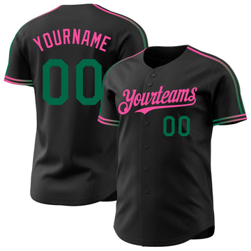 Custom Black Kelly Green-Pink Raglan Line Gradient Stripe Authentic Baseball Jersey