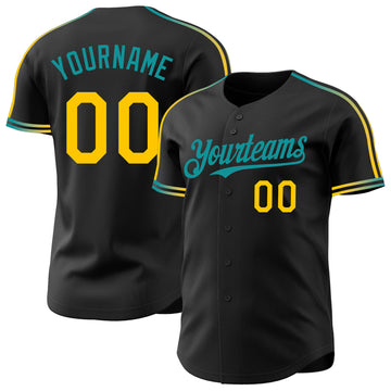 Custom Black Yellow-Teal Raglan Line Gradient Stripe Authentic Baseball Jersey