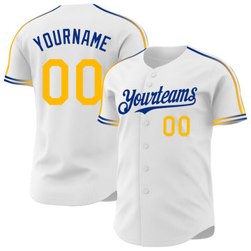 Custom White Gold-Royal Raglan Line Gradient Stripe Authentic Baseball Jersey