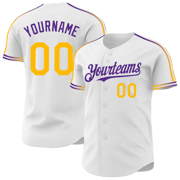 Custom White Gold-Purple Raglan Line Gradient Stripe Authentic Baseball Jersey