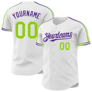 Custom White Neon Green-Purple Raglan Line Gradient Stripe Authentic Baseball Jersey