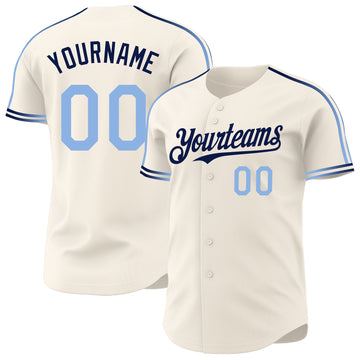 Custom Cream Light Blue-Navy Raglan Line Gradient Stripe Authentic Baseball Jersey
