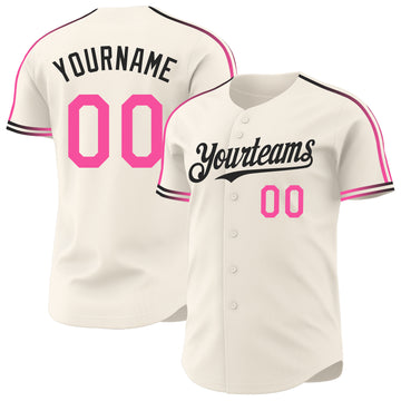 Custom Cream Pink-Black Raglan Line Gradient Stripe Authentic Baseball Jersey