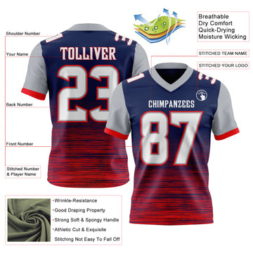Custom Navy White Fire Red-Gray Authentic Fluid Scratch Waves Football Jersey