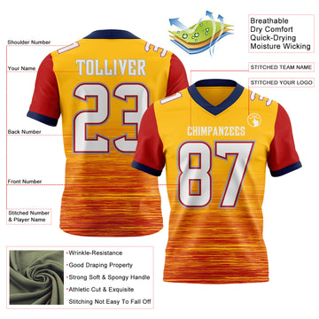 Custom Gold White Red Gray-Navy Authentic Fluid Scratch Waves Football Jersey