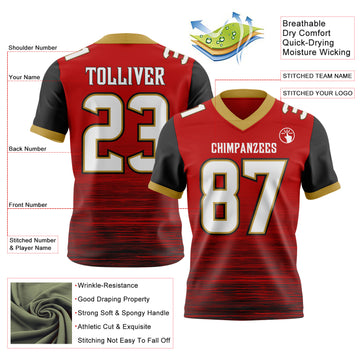 Custom Red White Black-Old Gold Authentic Fluid Scratch Waves Football Jersey