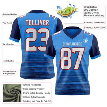 Custom Powder Blue White Navy-Red Authentic Fluid Scratch Waves Football Jersey