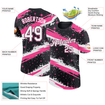 Custom Black White-Pink Brush Stroke Splatter Starburst Performance T-Shirt