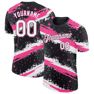 Custom Black White-Pink Brush Stroke Splatter Starburst Performance T-Shirt