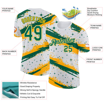 Custom White Kelly Green-Gold Brush Stroke Splatter Starburst Performance T-Shirt