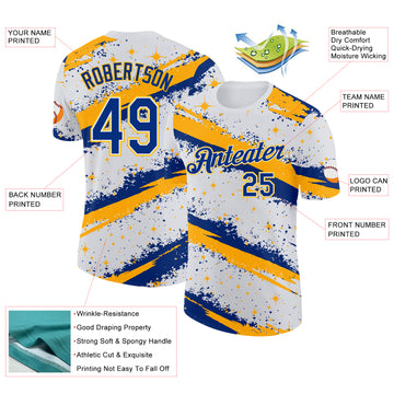 Custom White Royal-Gold Brush Stroke Splatter Starburst Performance T-Shirt