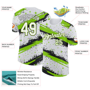 Custom White Neon Green-Black Brush Stroke Splatter Starburst Performance T-Shirt