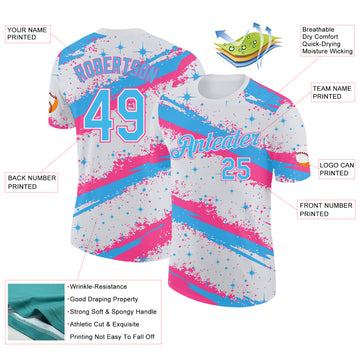 Custom White Sky Blue-Pink Brush Stroke Splatter Starburst Performance T-Shirt