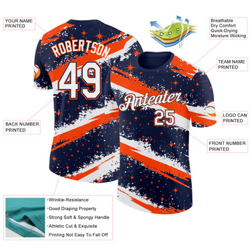 Custom Navy White-Orange Brush Stroke Splatter Starburst Performance T-Shirt