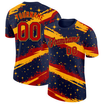 Custom Navy Red-Gold Brush Stroke Splatter Starburst Performance T-Shirt