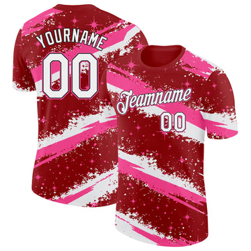 Custom Red White Pink-Black Brush Stroke Splatter Starburst Performance T-Shirt