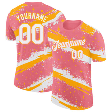Custom Medium Pink White-Gold Brush Stroke Splatter Starburst Performance T-Shirt